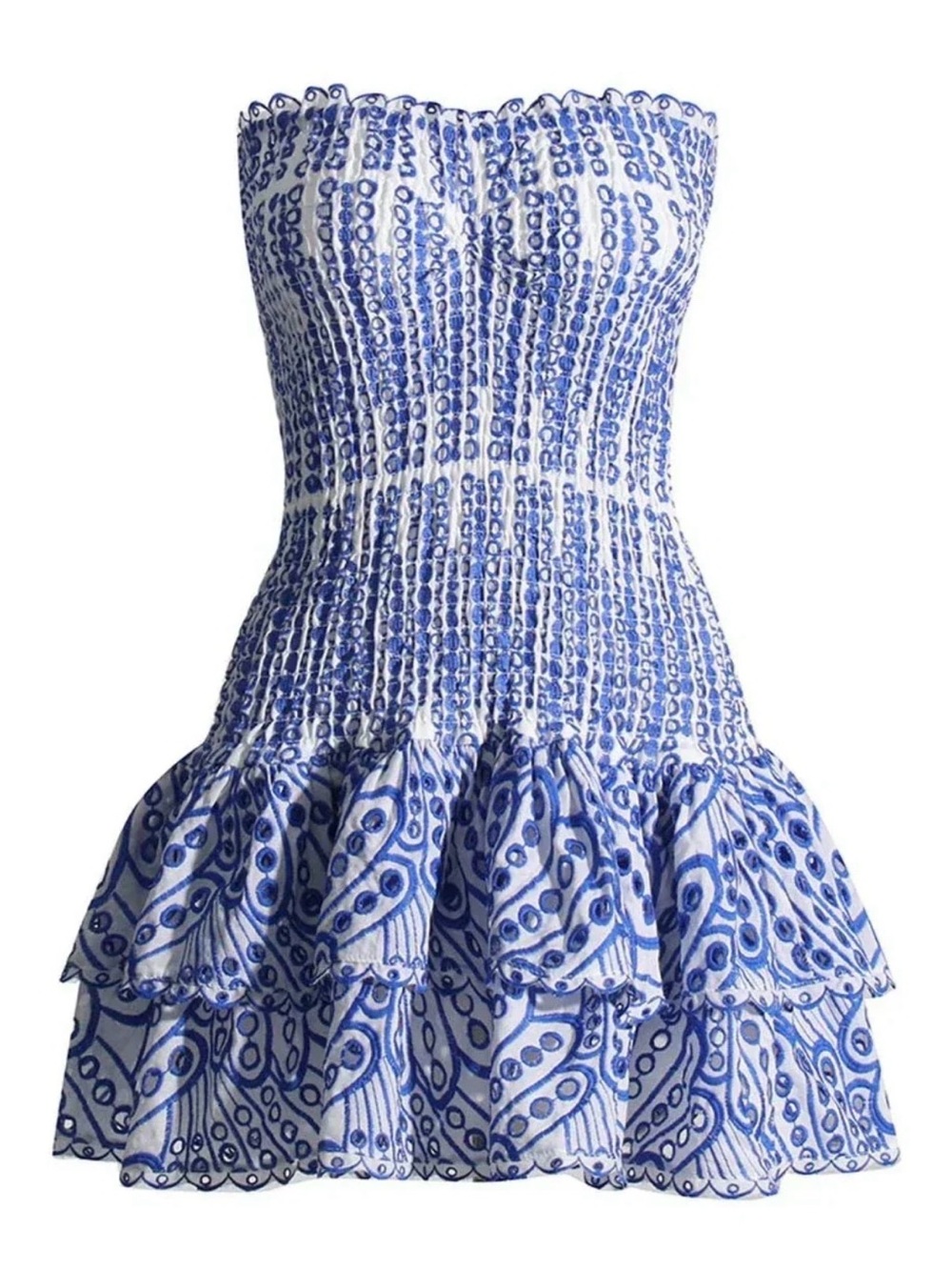 White and Blue Strapless Smocked Ruffle Mini Dress